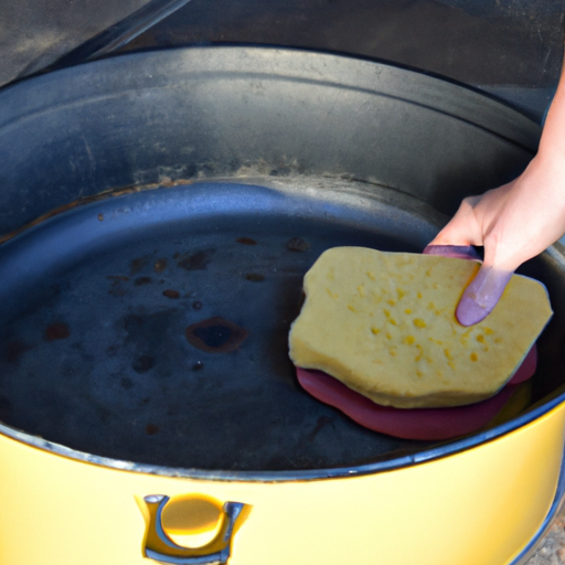A person scrubbing a Dutch oven with a non-abrasive sponge.