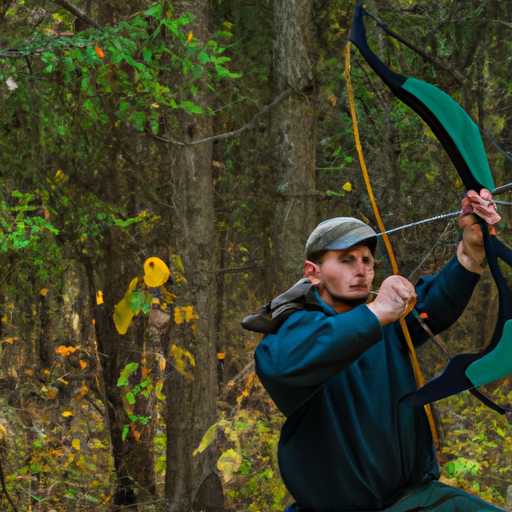 A hunter aiming a crossbow at a target in a forest.