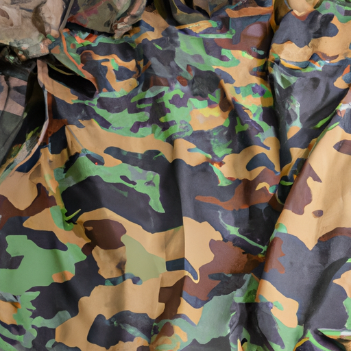 A close-up of camouflage clothing and gear for hunting.